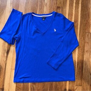 US Polo Assn Women XXL Blue Ribbed V Neck Long Sleeve Shirt Cotton Horsemen Logo